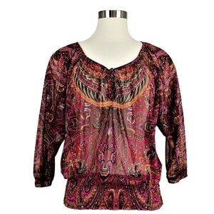 International Concepts Top Sheer Paisley Bohemian Print Elastic Waist Size XS